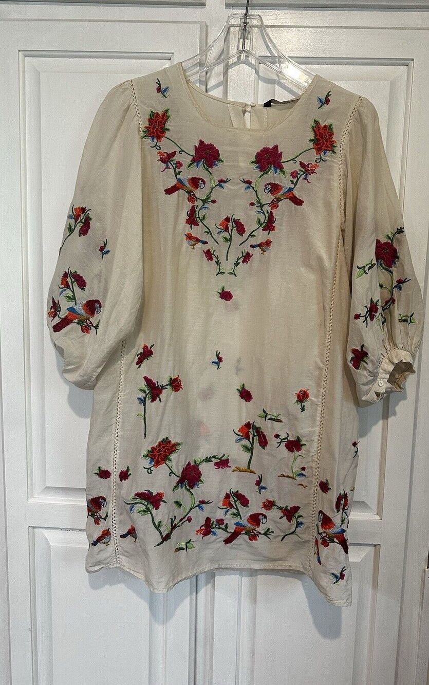 Zara Premium Collection Boho Dress Size XS Embroidered Floral Birds Peasant